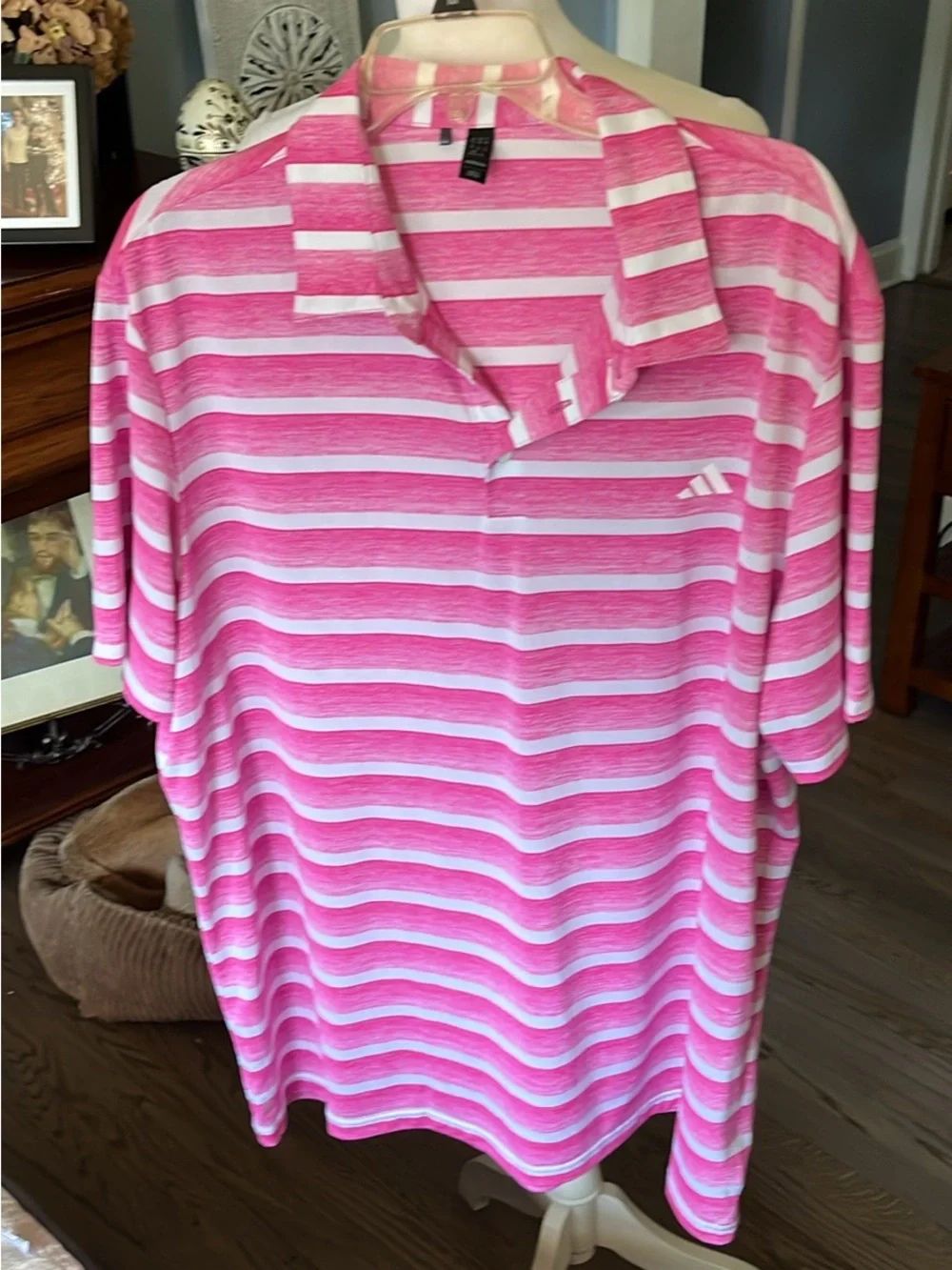 adidas Pink and White Striped Golf Polo
